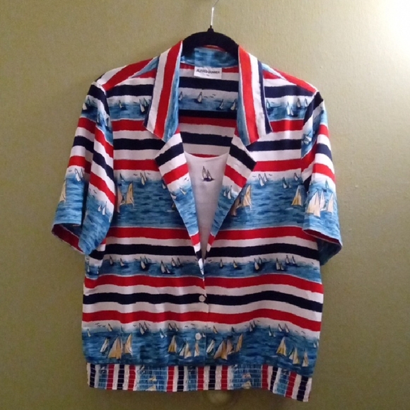 Womans 10 Alfred Dunner Nautical Red and Blue Short Sleeve Button Down Blouse - Picture 1 of 5